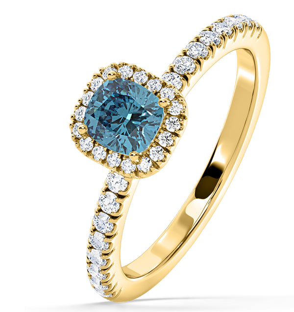 Beatrice Blue Lab Diamond 1.00ct Cushion Halo Ring in 18K Yellow Gold- Elara Collection